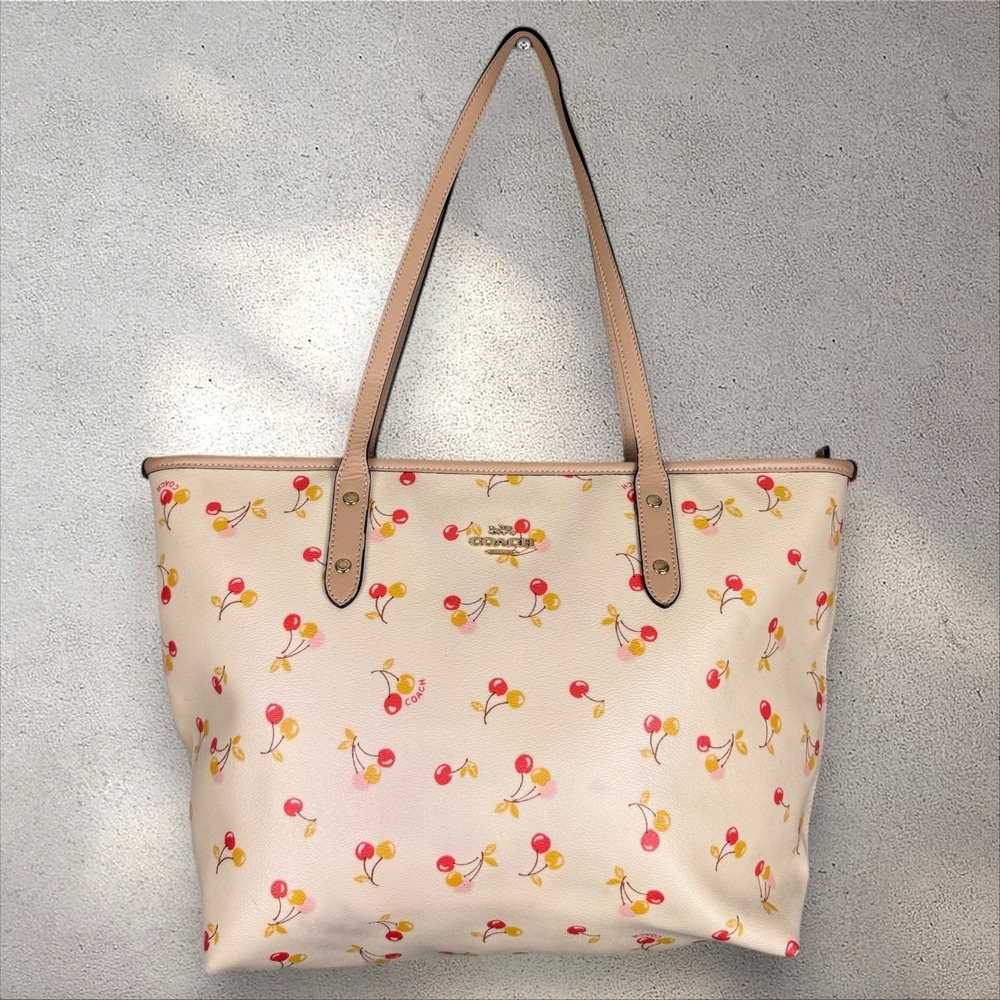 Coach City Zip Tote Canvas Leather W Red‎ Yellow Pink Cherry Print Shoulder Bag